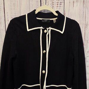Women's black cardigan, white trim w/silver button detail
